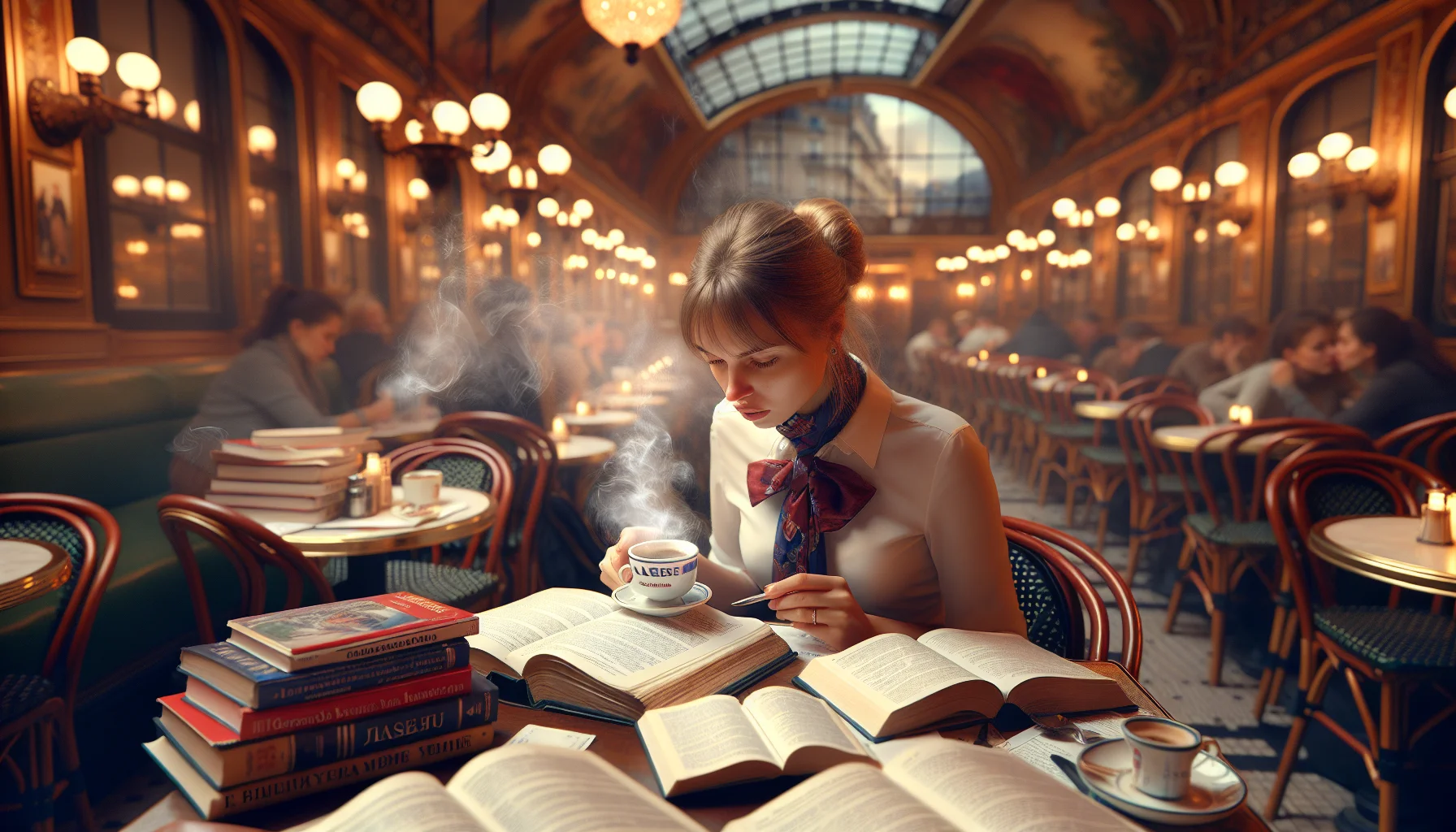 Femme russe apprenant le français dans un café parisien