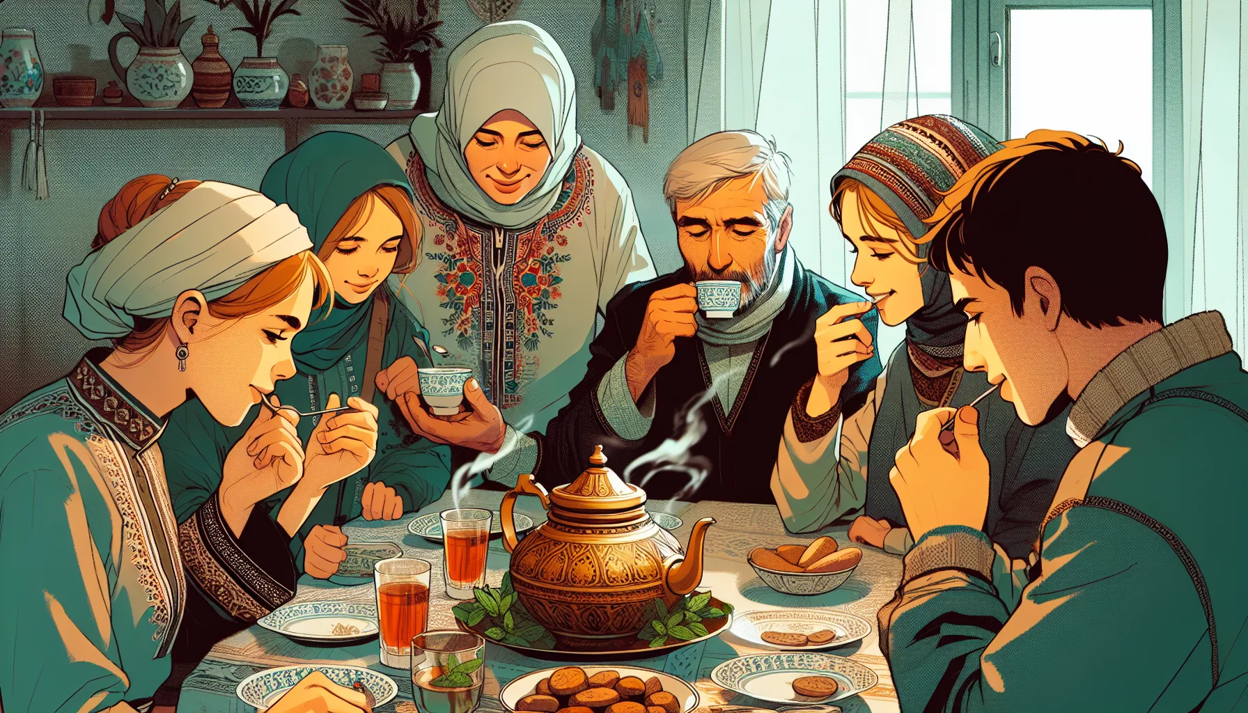 Famille russo-marocaine lors d une ceremonie du the