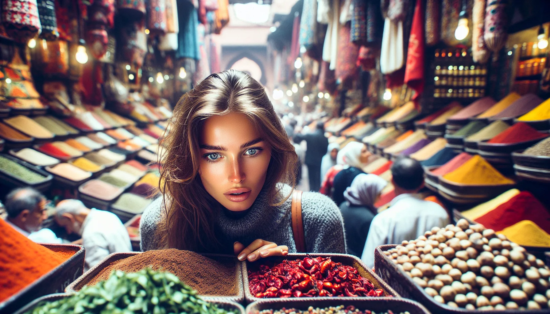Femme russe decouvrant un souk marocain colore