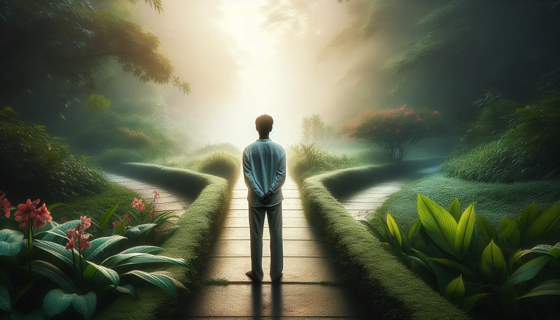 Personne a la croisee des chemins symbolisant une decision amoureuse