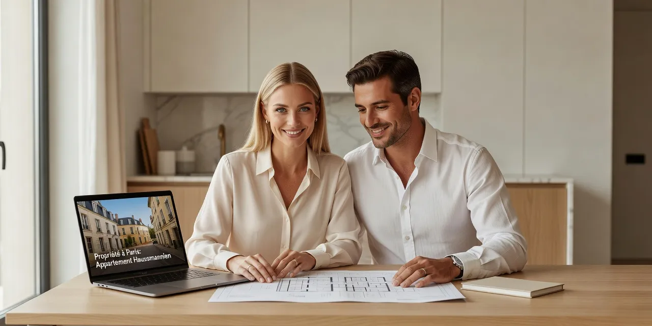 Couple examinant des plans d'appartement avec un agent immobilier dans un salon lumineux