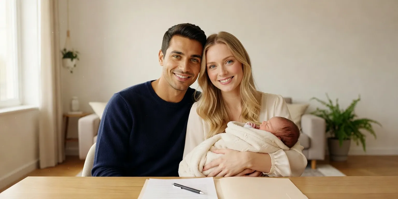 Jeune couple franco-russe souriant tenant son nouveau-né emmailloté dans une pièce lumineuse, des documents administratifs posés sur la table devant eux