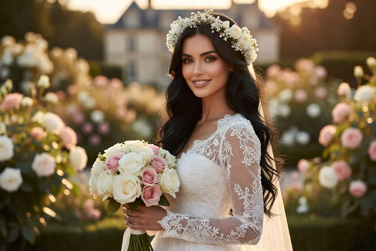 Mariée russe élégante dans un jardin de château français